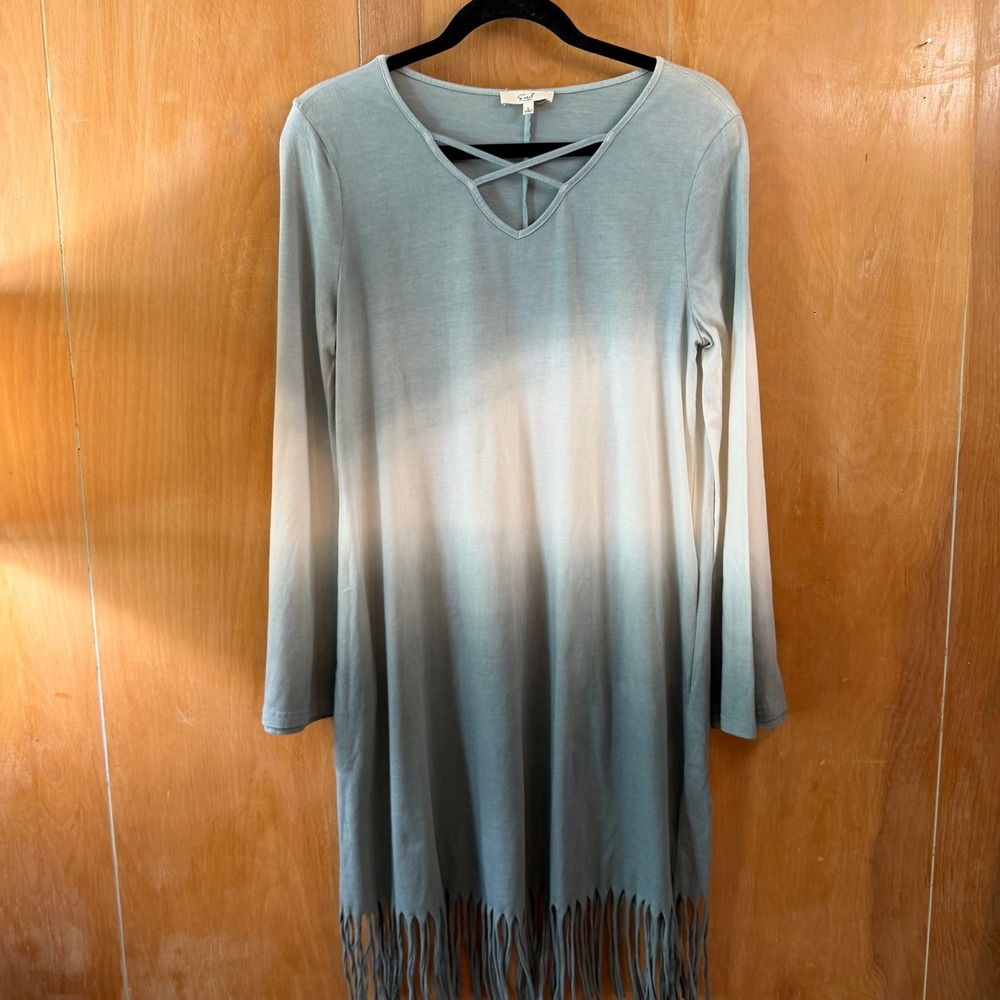 Boho Indie Festival Fringe Tunic Dress Sage Green Ombre‎ Flare Sleeve Cutout S